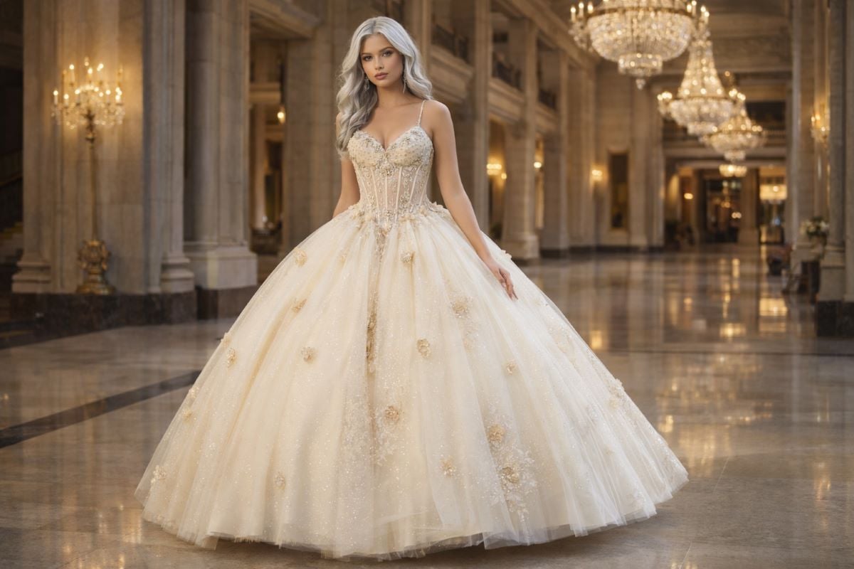 champagne quinceanera ball gown with floral appliqué