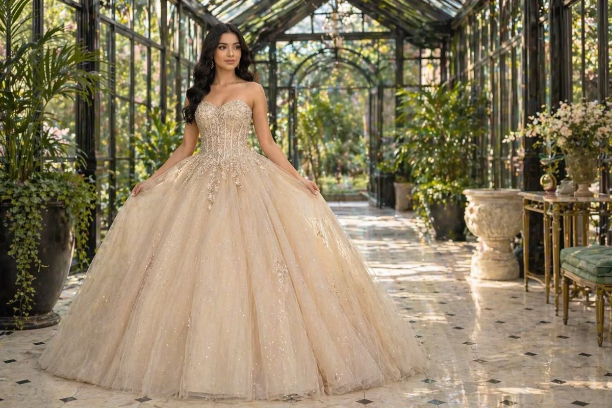 Champagne quinceañera gown with corset bodice and voluminous tulle skirt