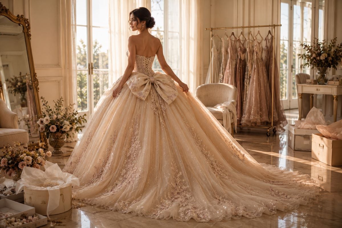 Champagne quinceañera gown morning preservation preparation