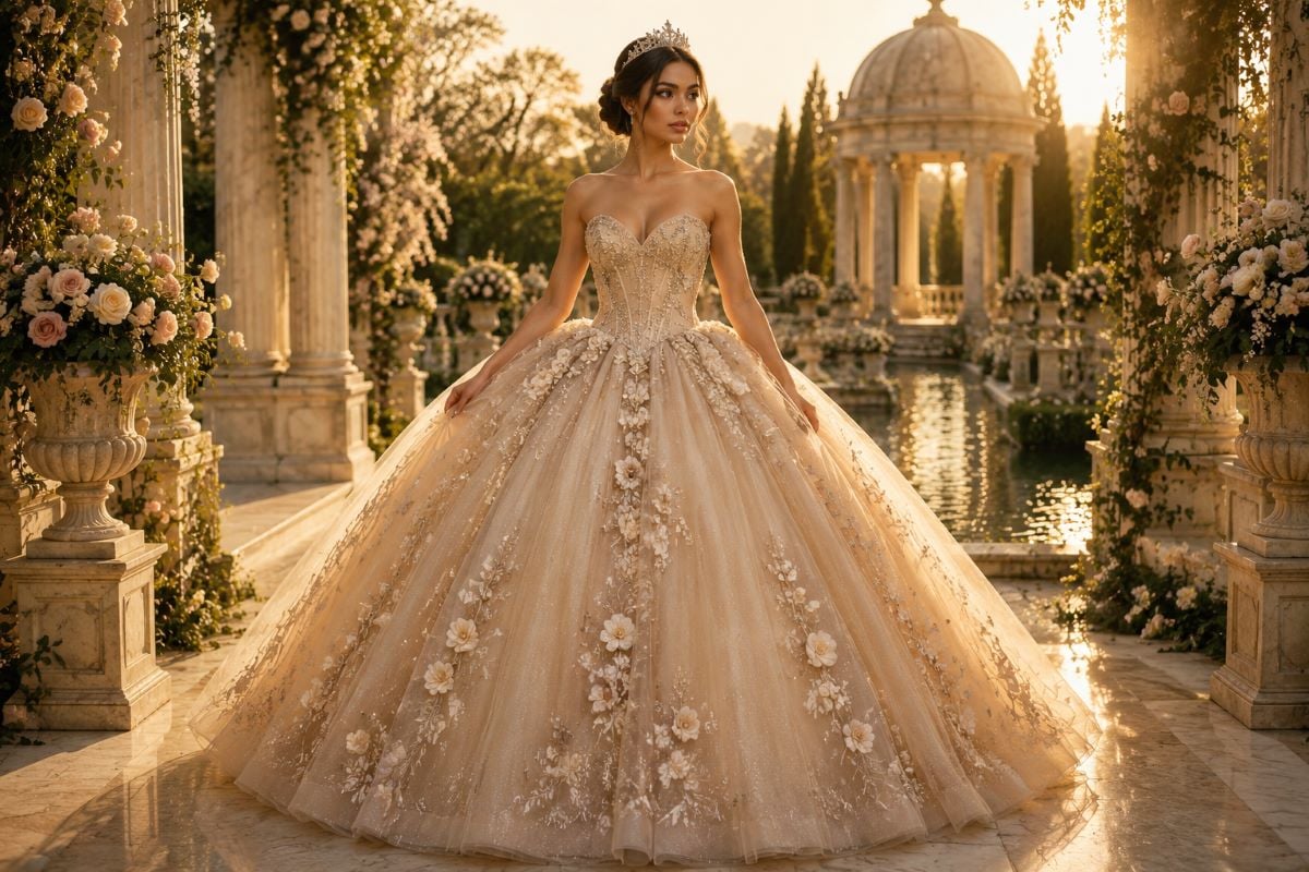 Champagne quinceañera gown in royal garden