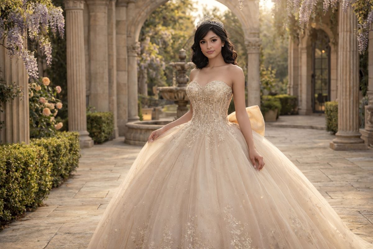 champagne quinceanera gown lace embroidery tulle skirt
