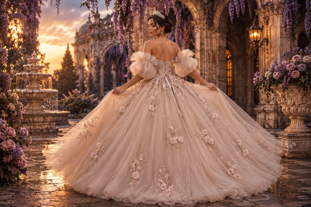 Champagne quinceañera gown with romantic royal tiara