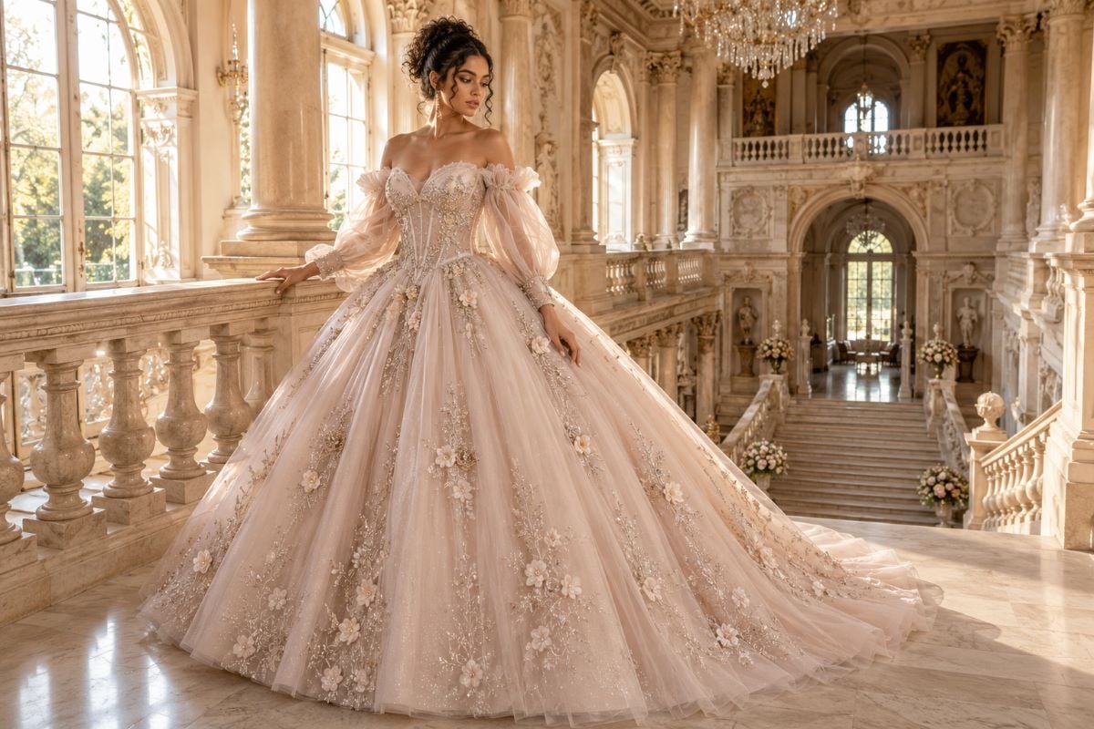 Champagne quinceañera structured corset ball gown