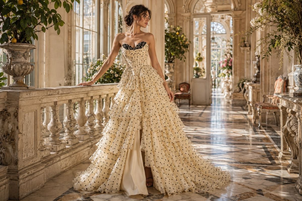 Champagne ruffled flowy structured evening gown
