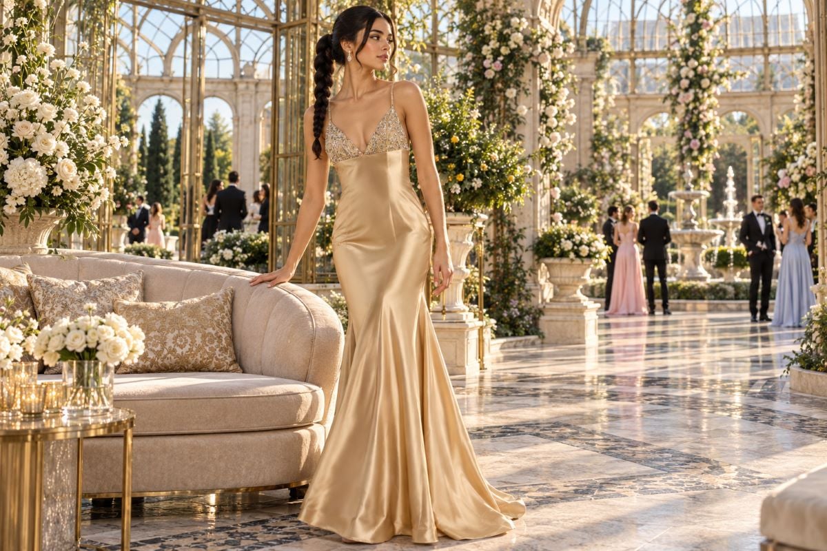 Champagne satin embellished prom gown silhouette