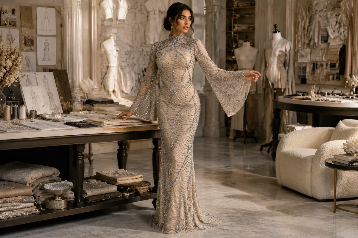 Champagne sculptural couture gown look