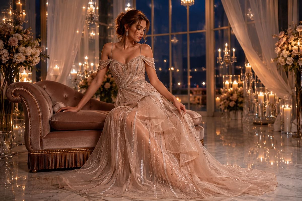 Champagne sheer organza couture evening gown with layered transparency