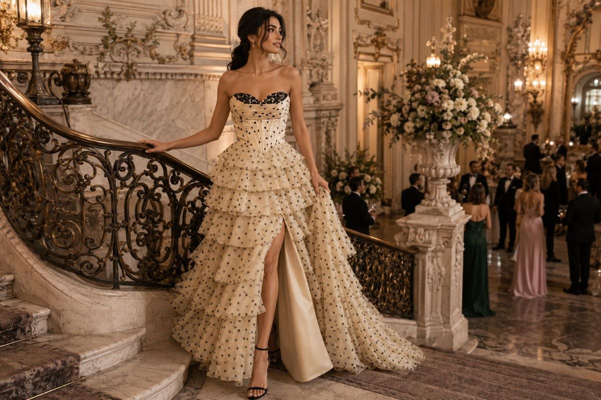 Champagne strapless tiered wedding guest gown