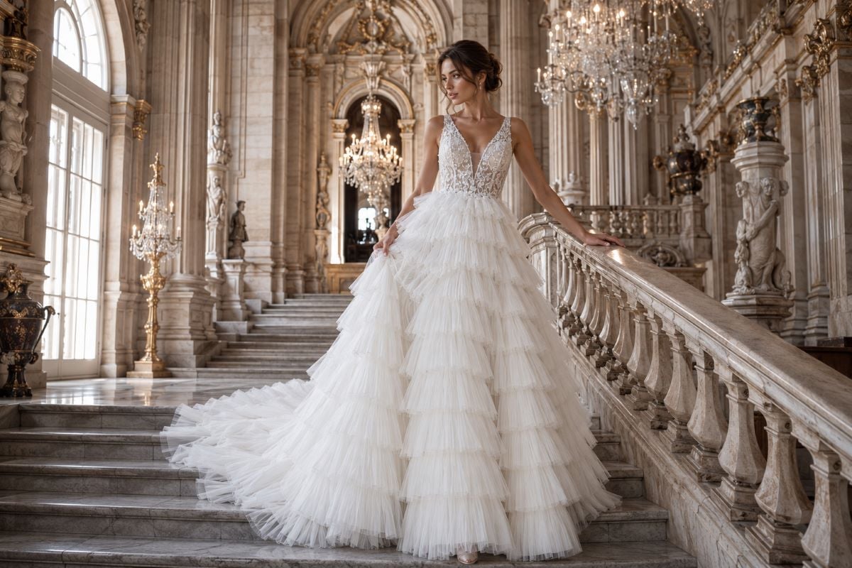 Chantilly lace tiered wedding dress editorial