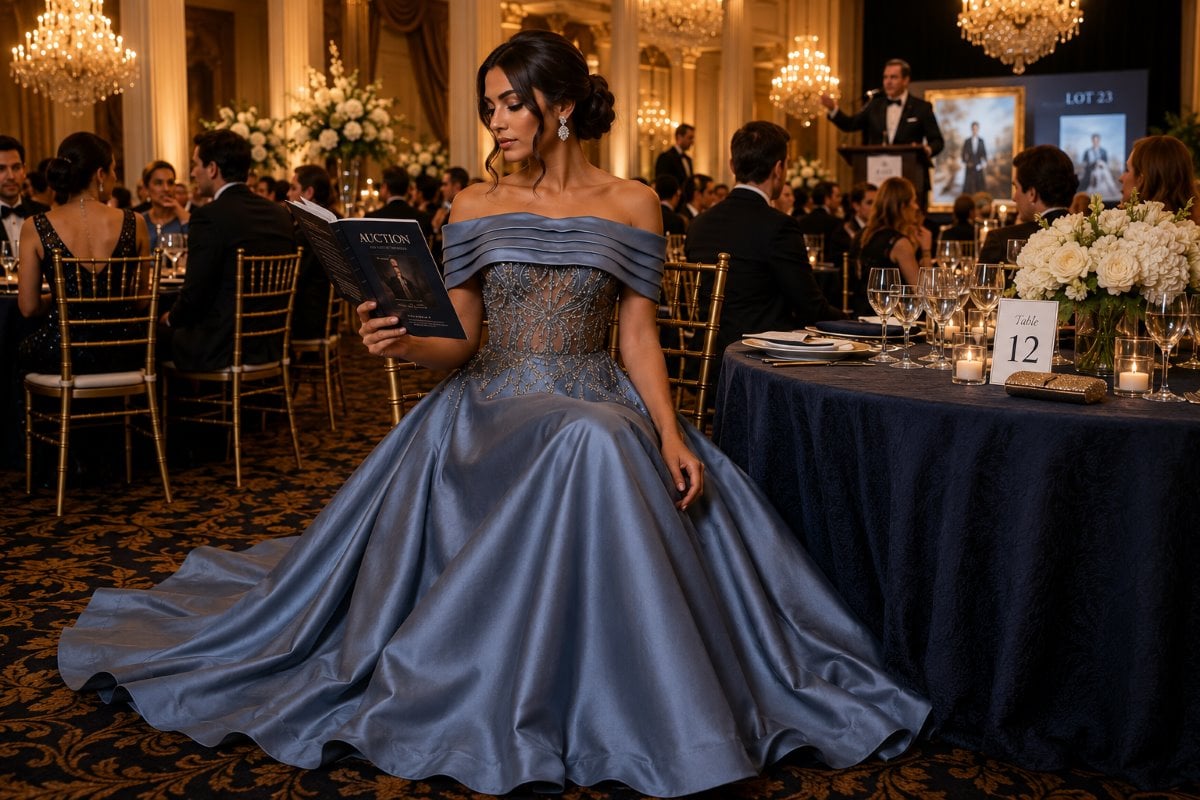 Woman in elegant steel blue charity auction gown