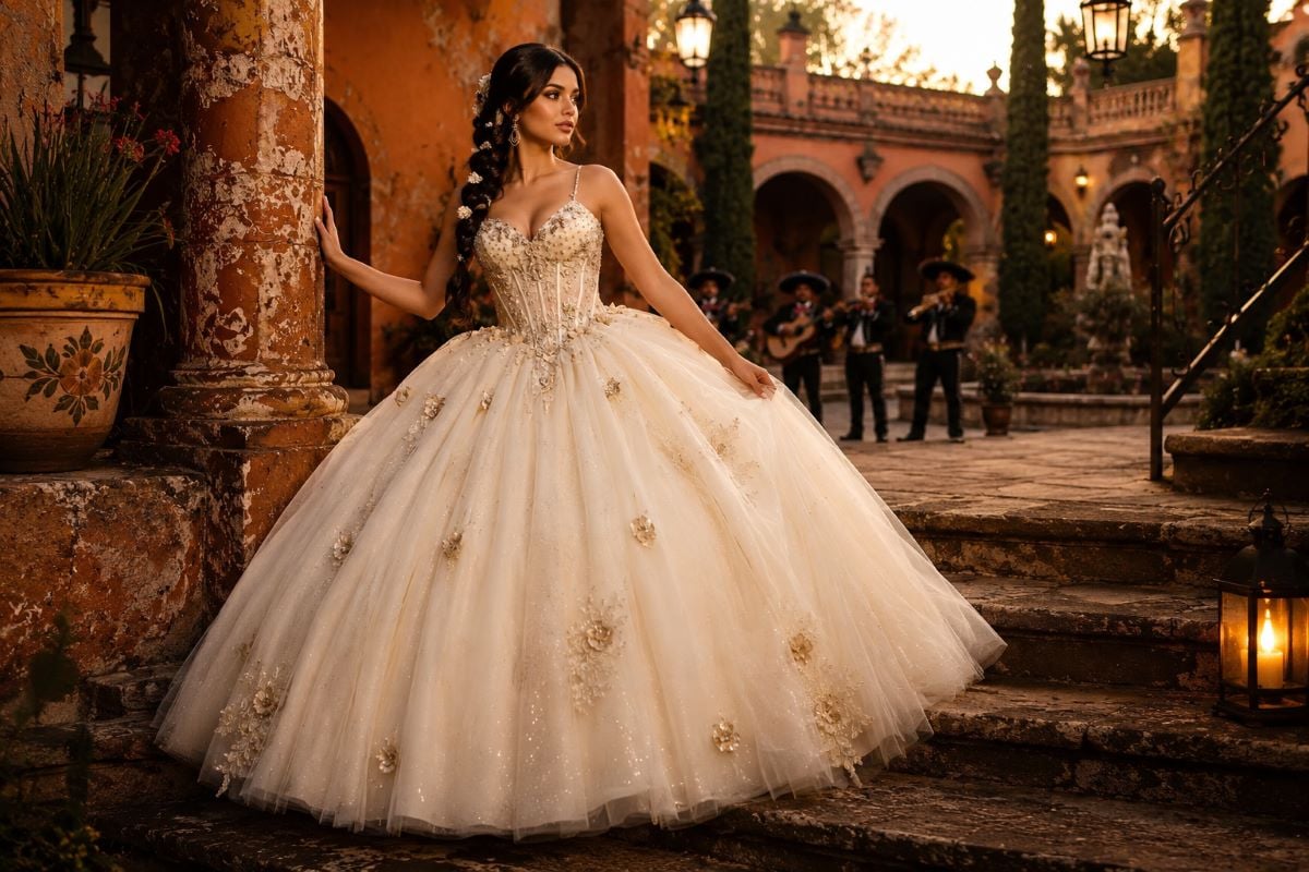 Charro quinceañera ball gown in luxurious hacienda courtyard