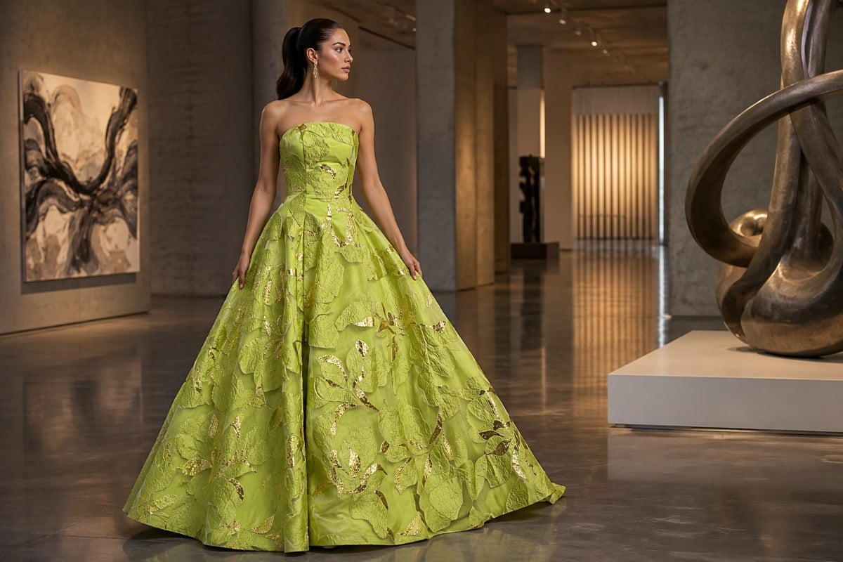Chartreuse ball gown in luxury contemporary gallery