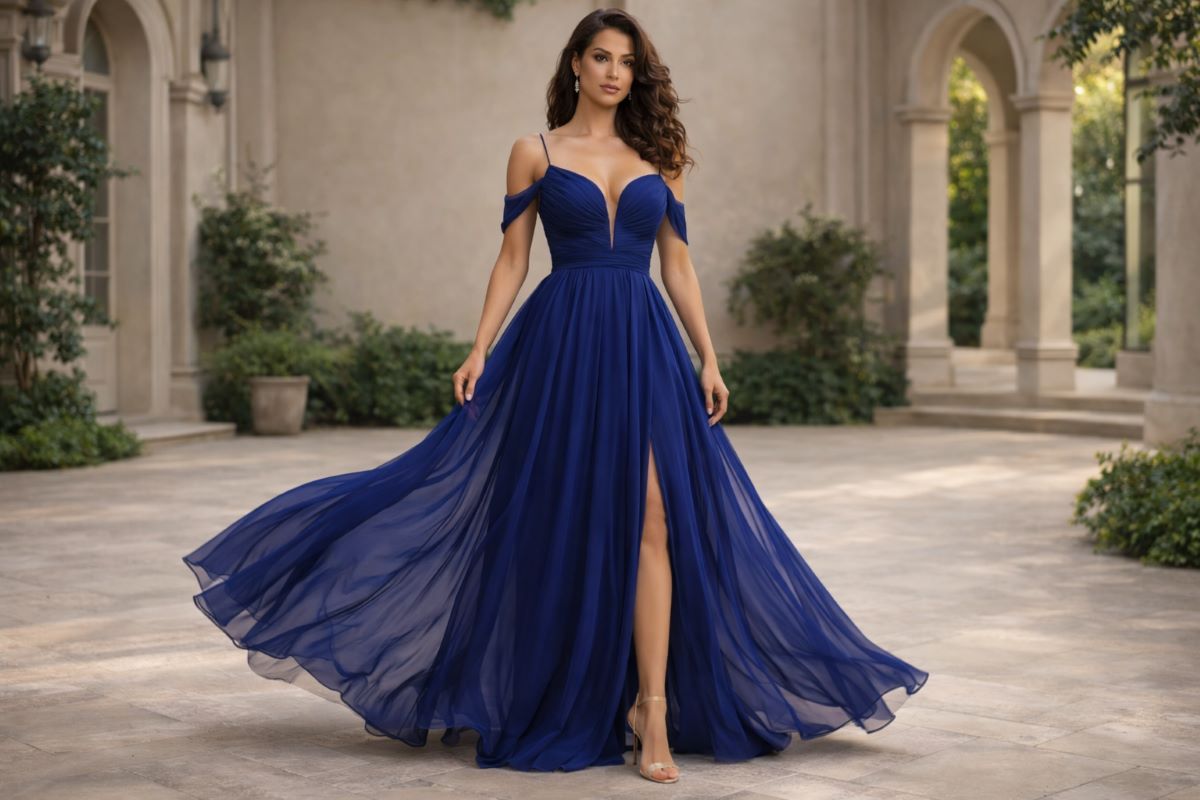 Flowing chiffon evening gown with lightweight layered skirt