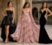 Three women in chiffon, satin, and velvet gowns in a luxury courtyard