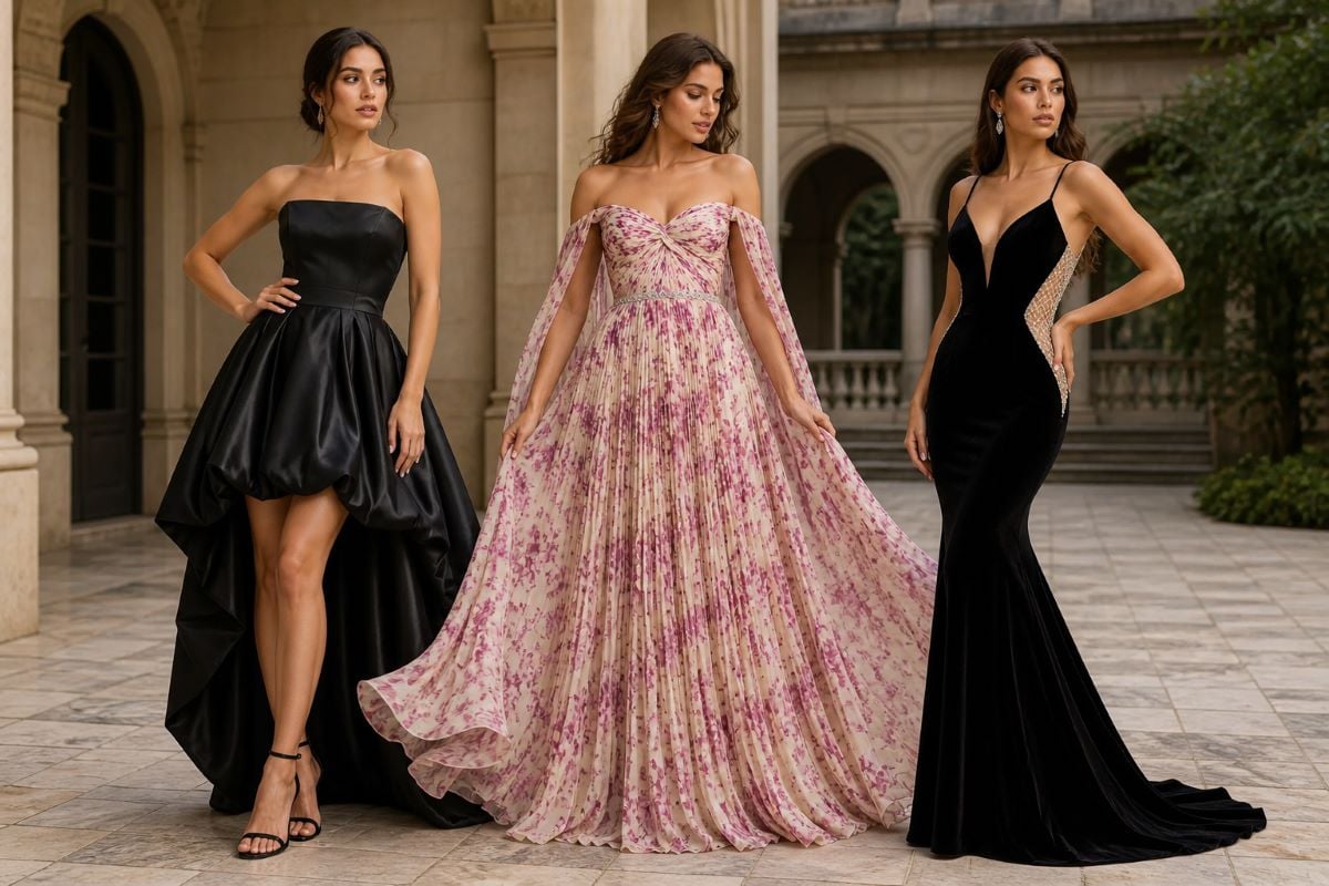 Three women in chiffon, satin, and velvet gowns in a luxury courtyard