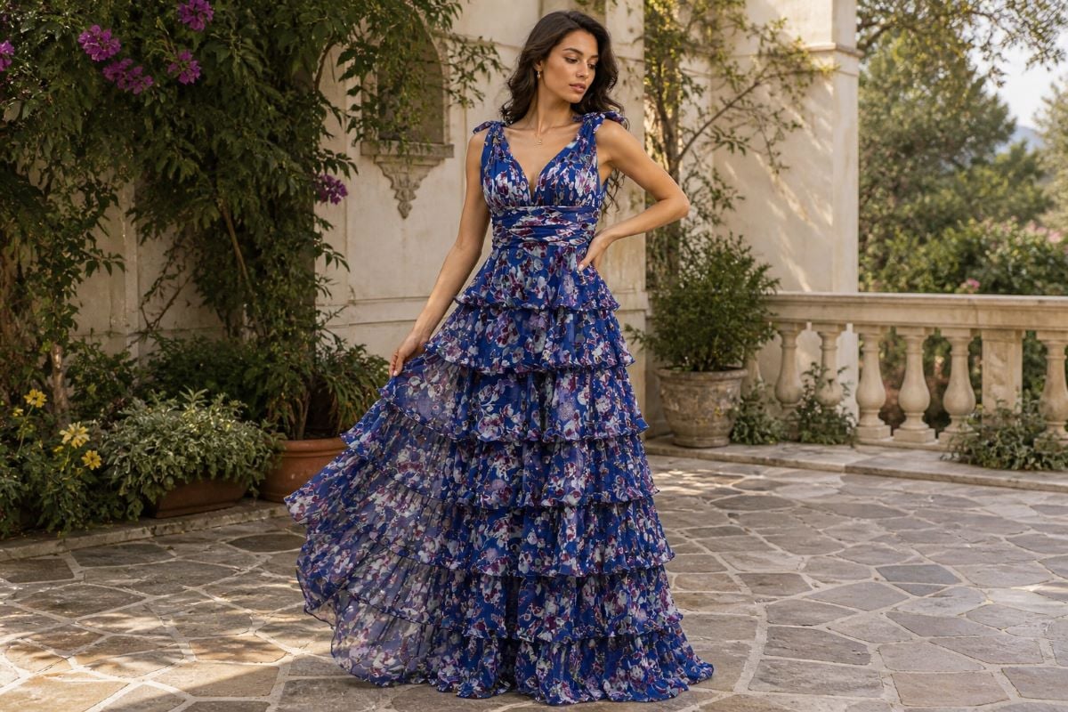 Woman in tiered chiffon floral evening dress on a garden terrace