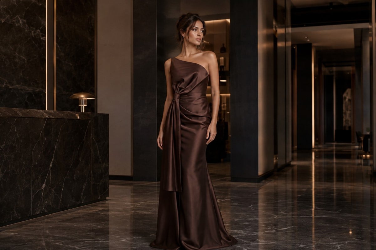 Chocolate brown one shoulder satin gown