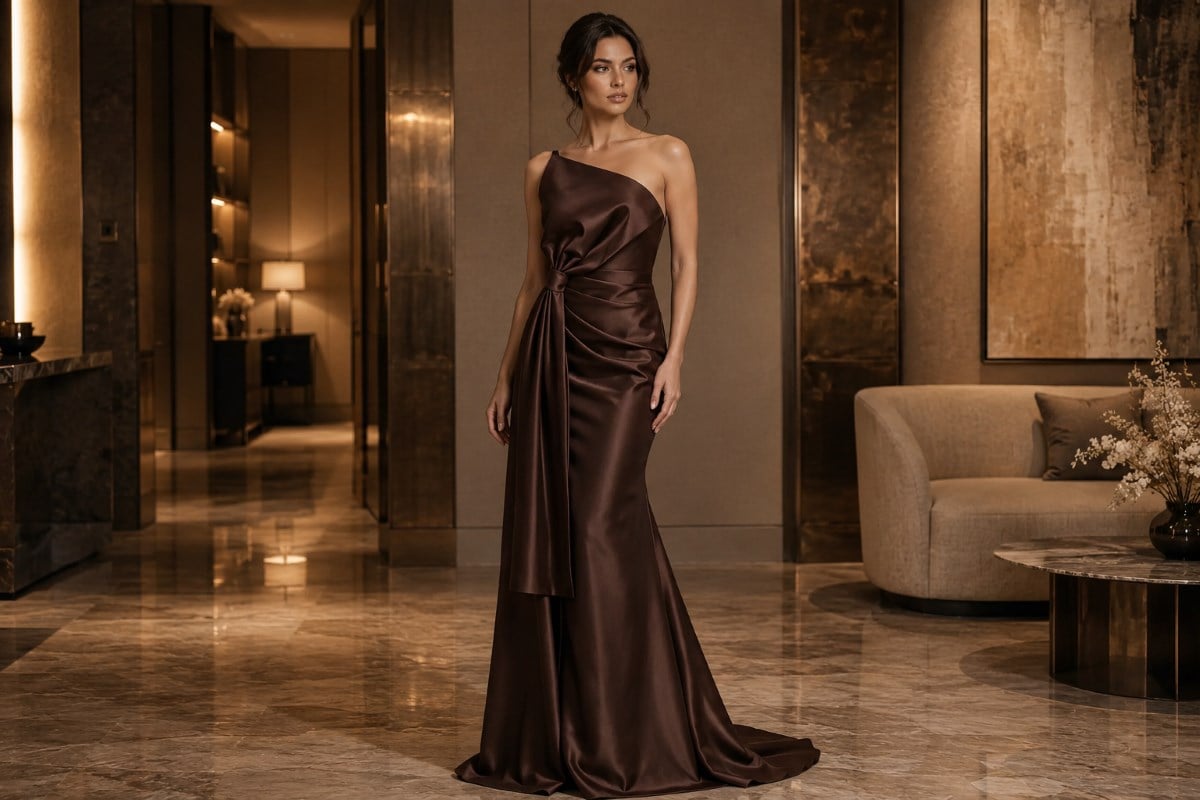 Chocolate brown satin evening gown in warm neutral tones