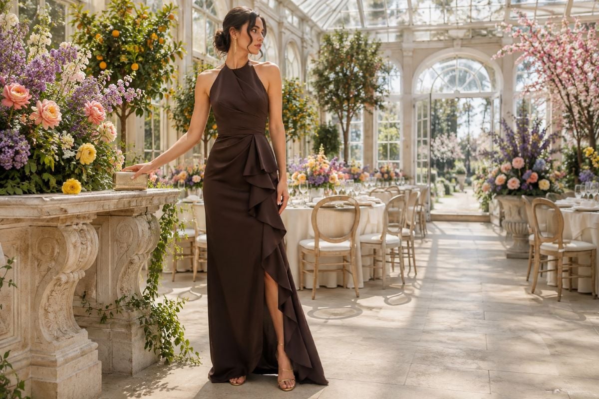 Chocolate brown spring wedding guest gown