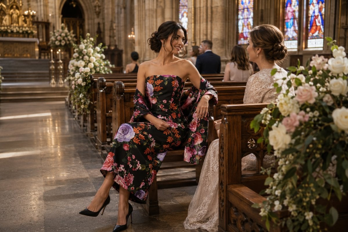 Black floral midi dress for christening guest attire