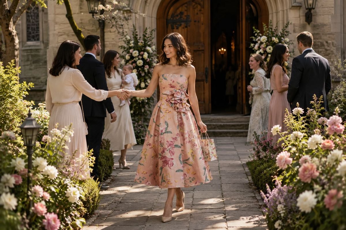 Guest wearing blush floral midi dress at christening ceremony