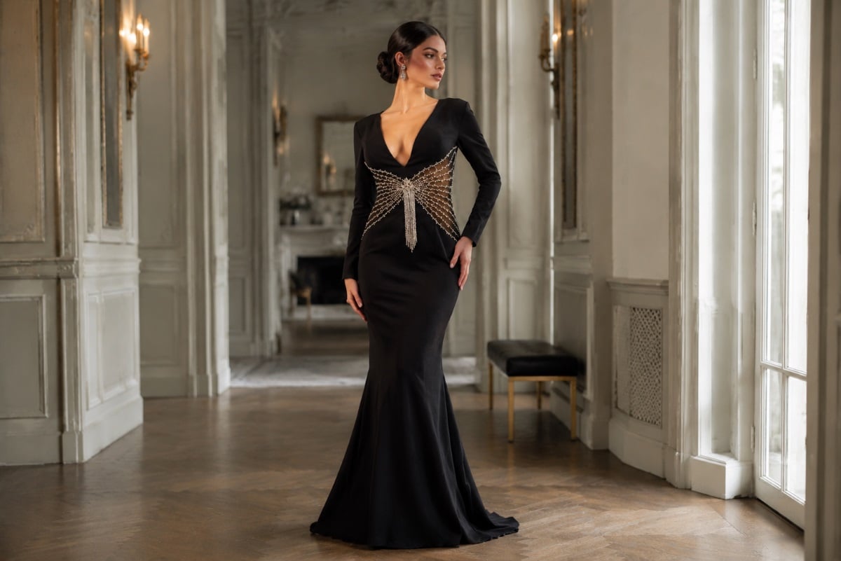 Cinematic black gown ballroom editorial