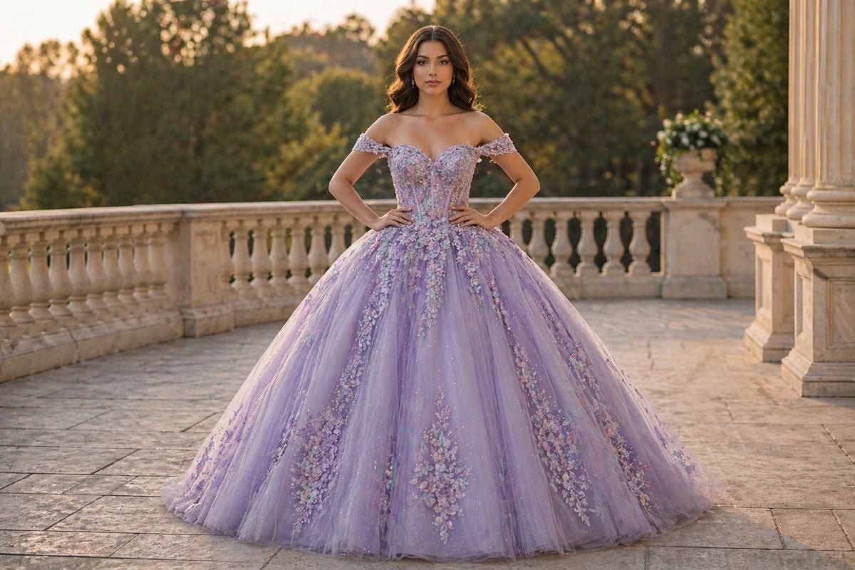 Off-shoulder ball gown with floral appliqué and soft tulle volume