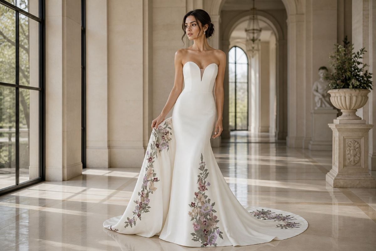 strapless sweetheart gown with floral embroidered train in luxury interior