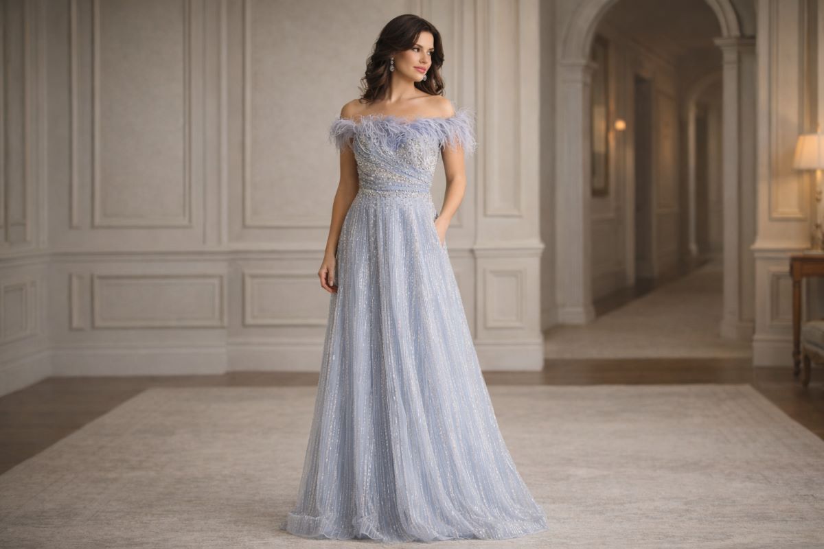 Jovani off shoulder evening gown with feather neckline