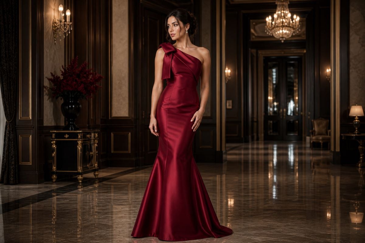 one shoulder satin gown with structured bow detail in classic formal setting