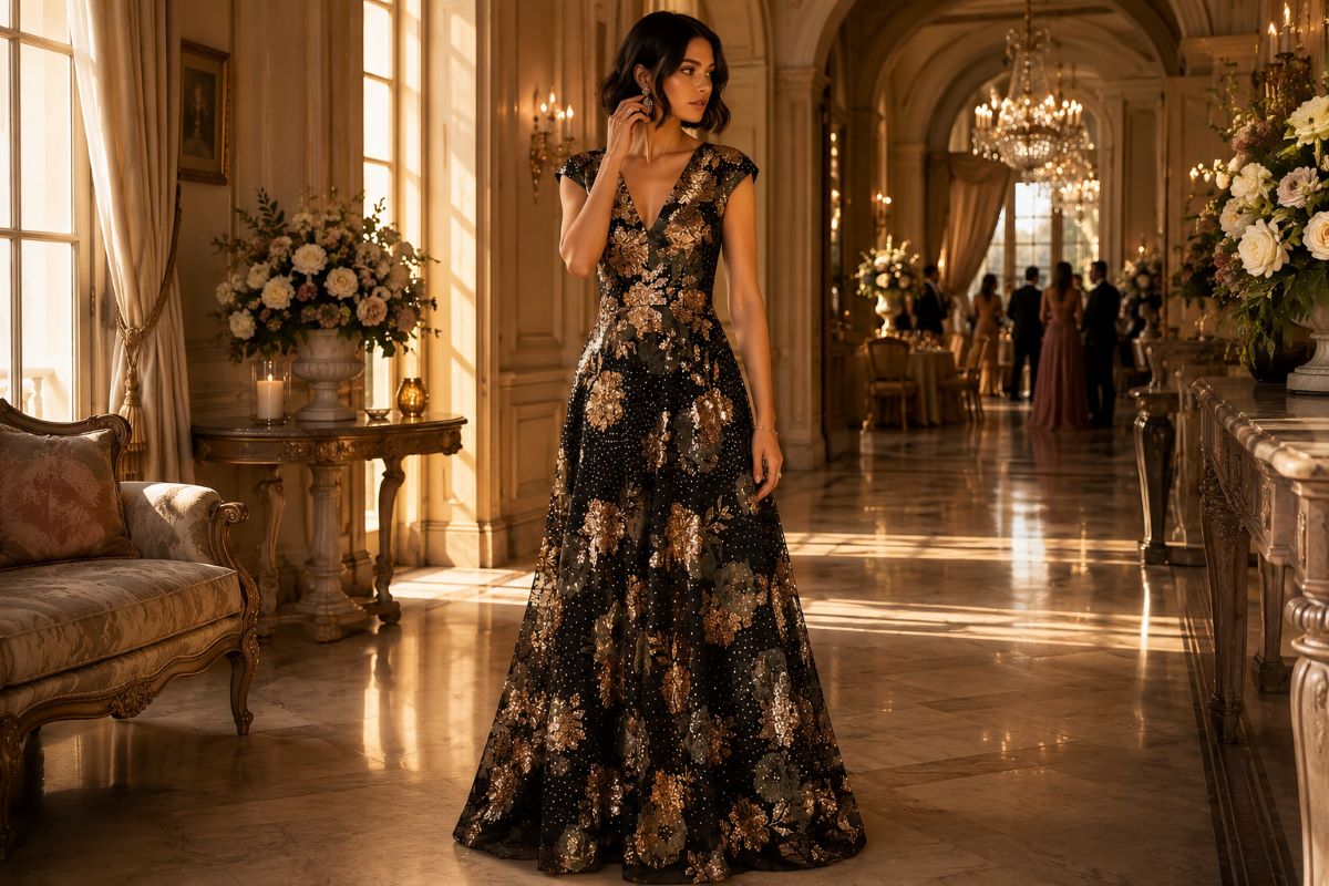 Elegant v-neck wedding guest evening gown