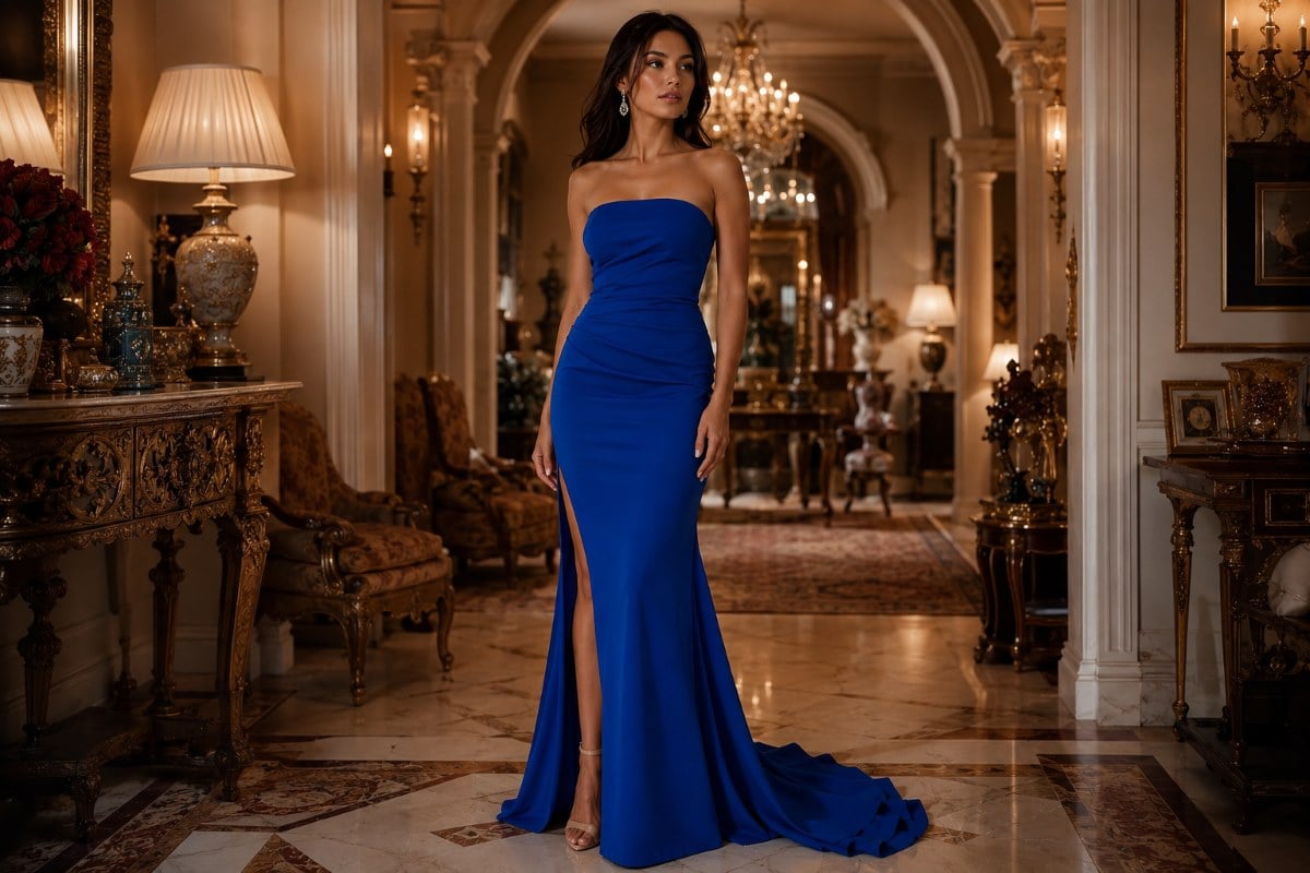 Floor-length cobalt blue strapless gown with high slit in luxury interior