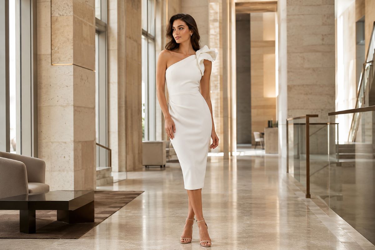 White one shoulder midi graduation dress
