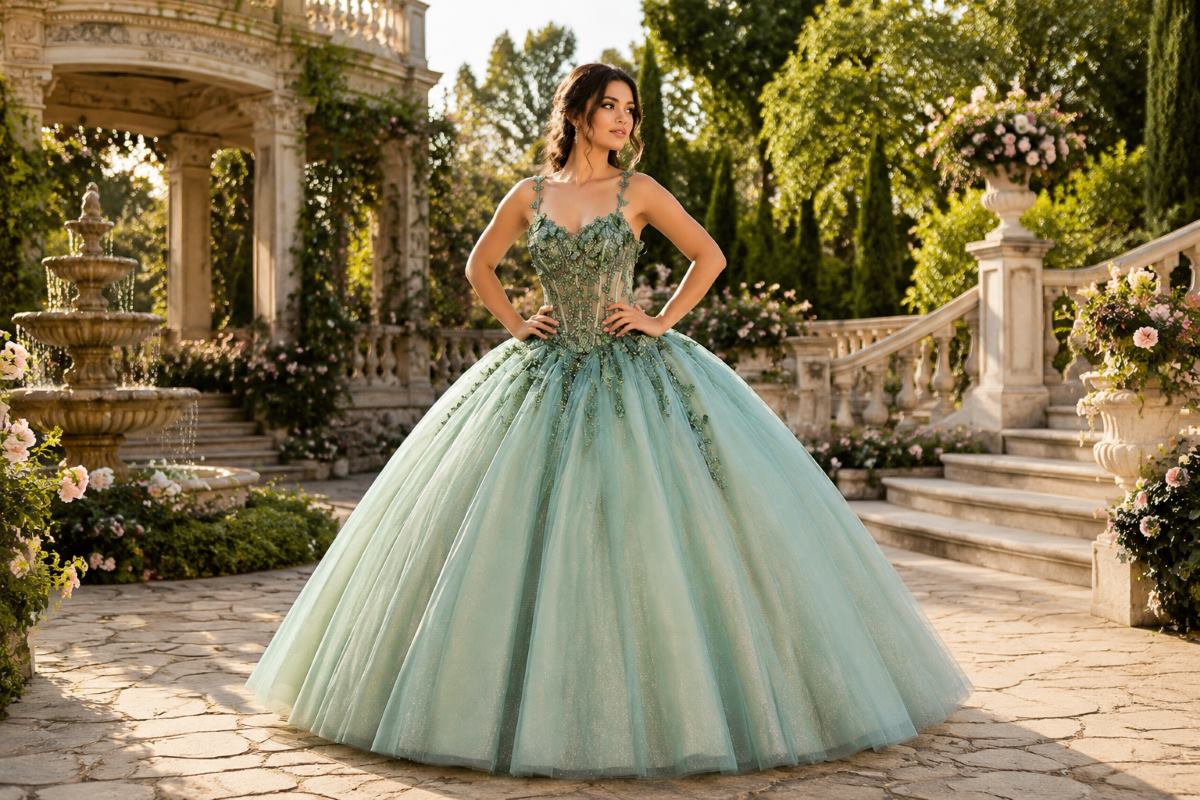 Emerald green ball gown with tulle skirt