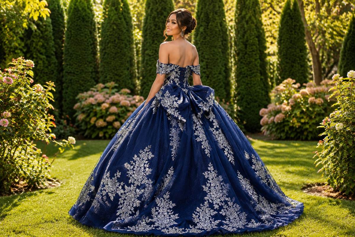 Navy blue ball gown with bow back