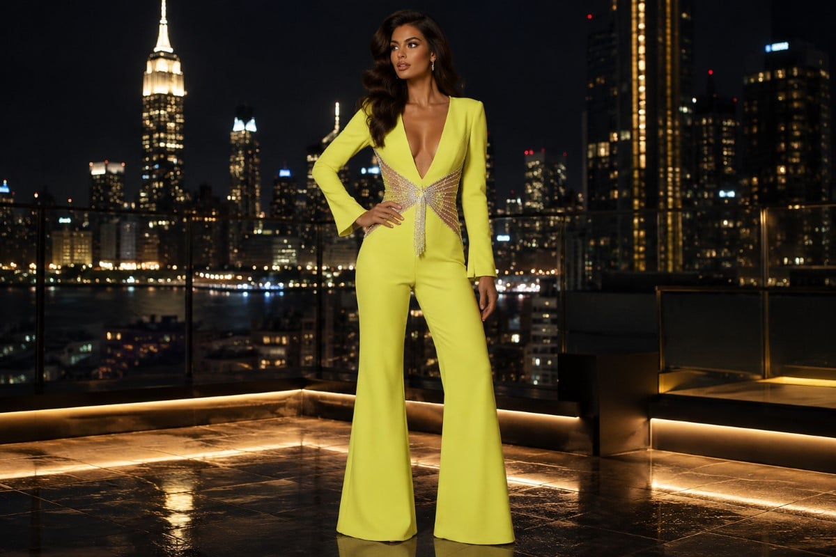 Colorful bridal jumpsuit rooftop styling