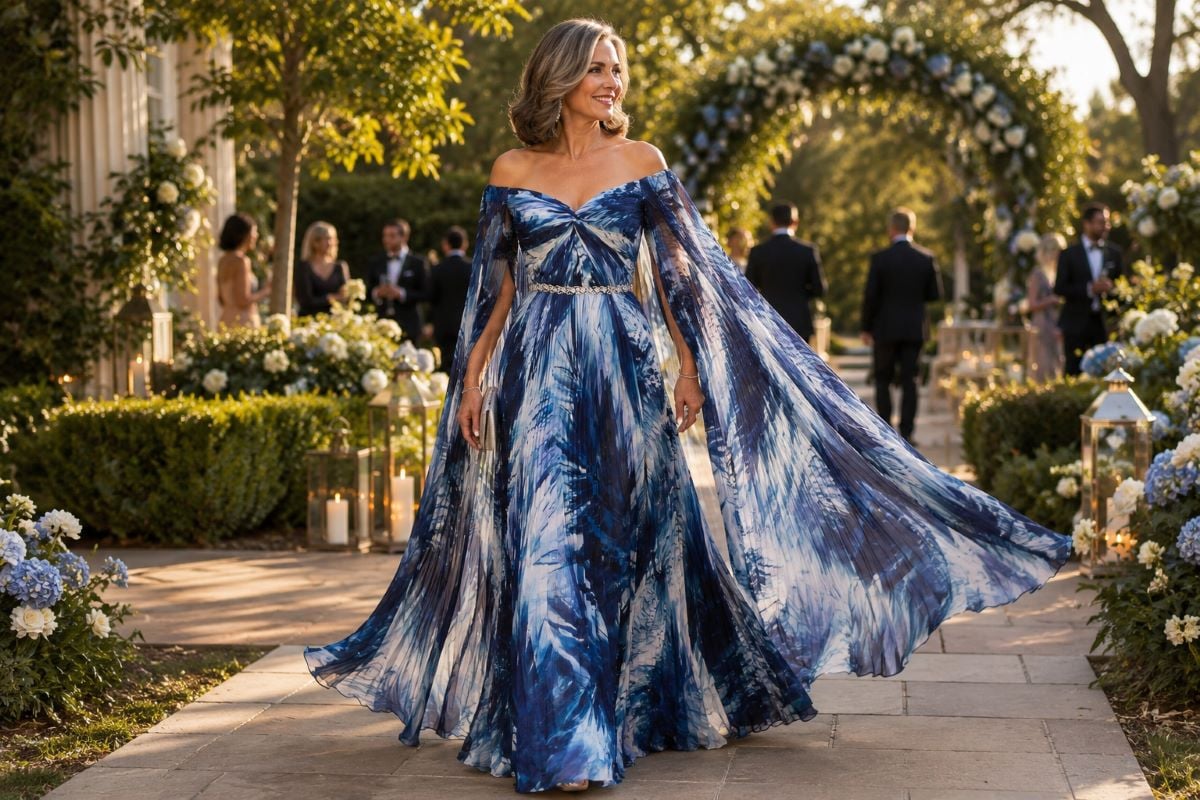 Flowing blue A-line wedding reception gown