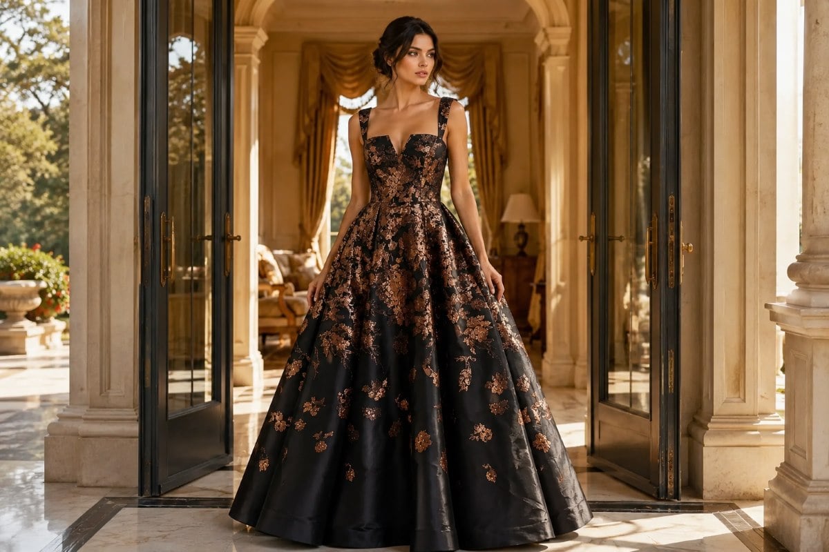 Structured metallic floral ballgown in luxury manor