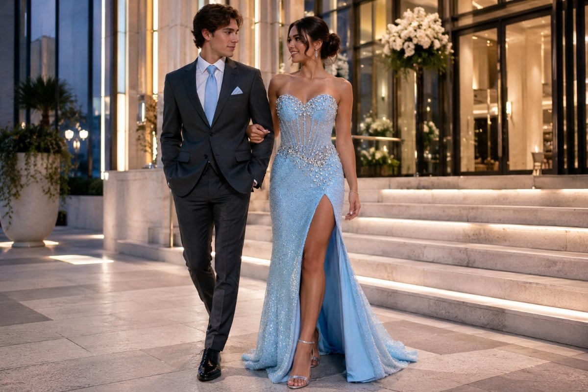 Coordinated blue prom dress date outfits