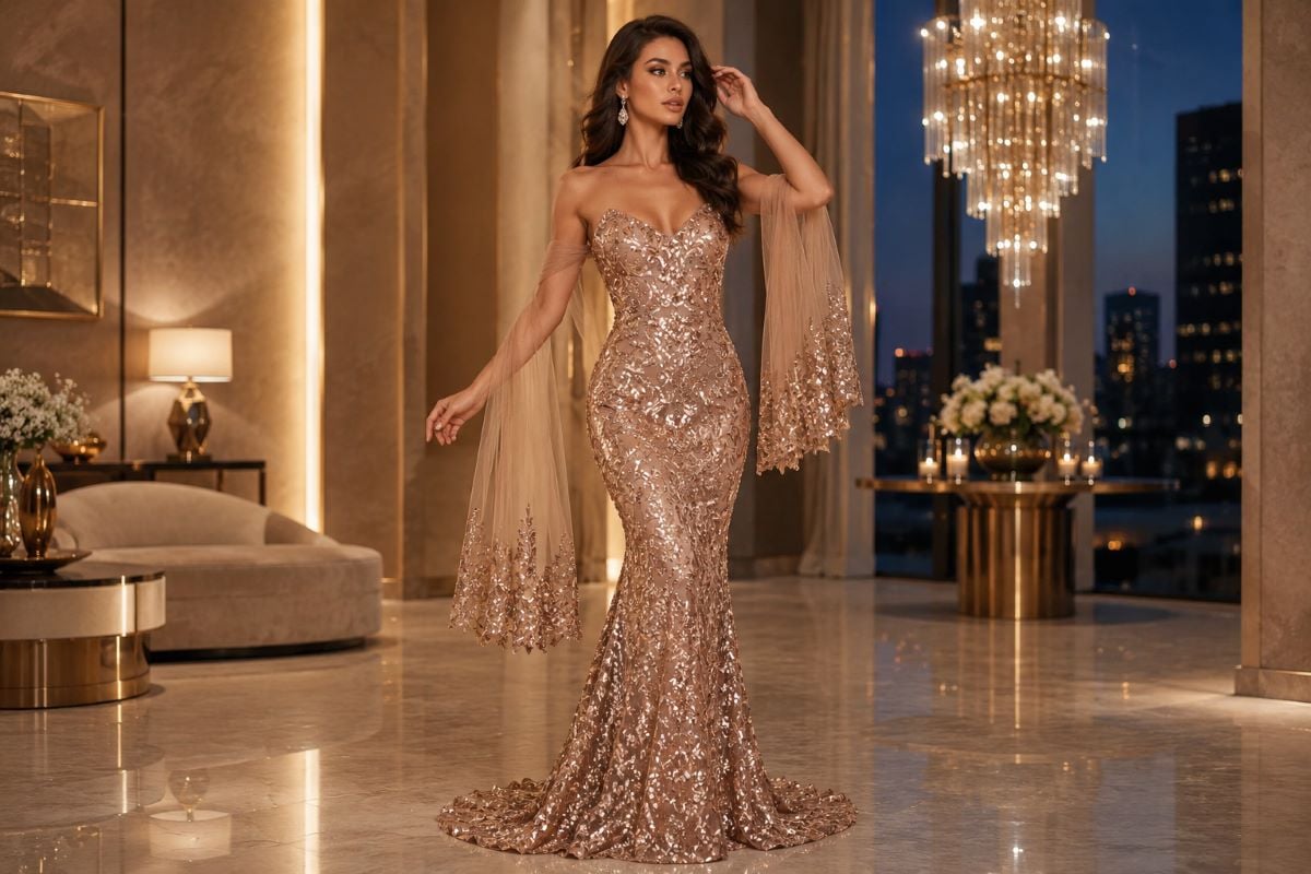 Copper embellished sweetheart neckline evening gown