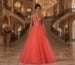 Coral A-line prom dress with beaded corset bodice and tulle skirt