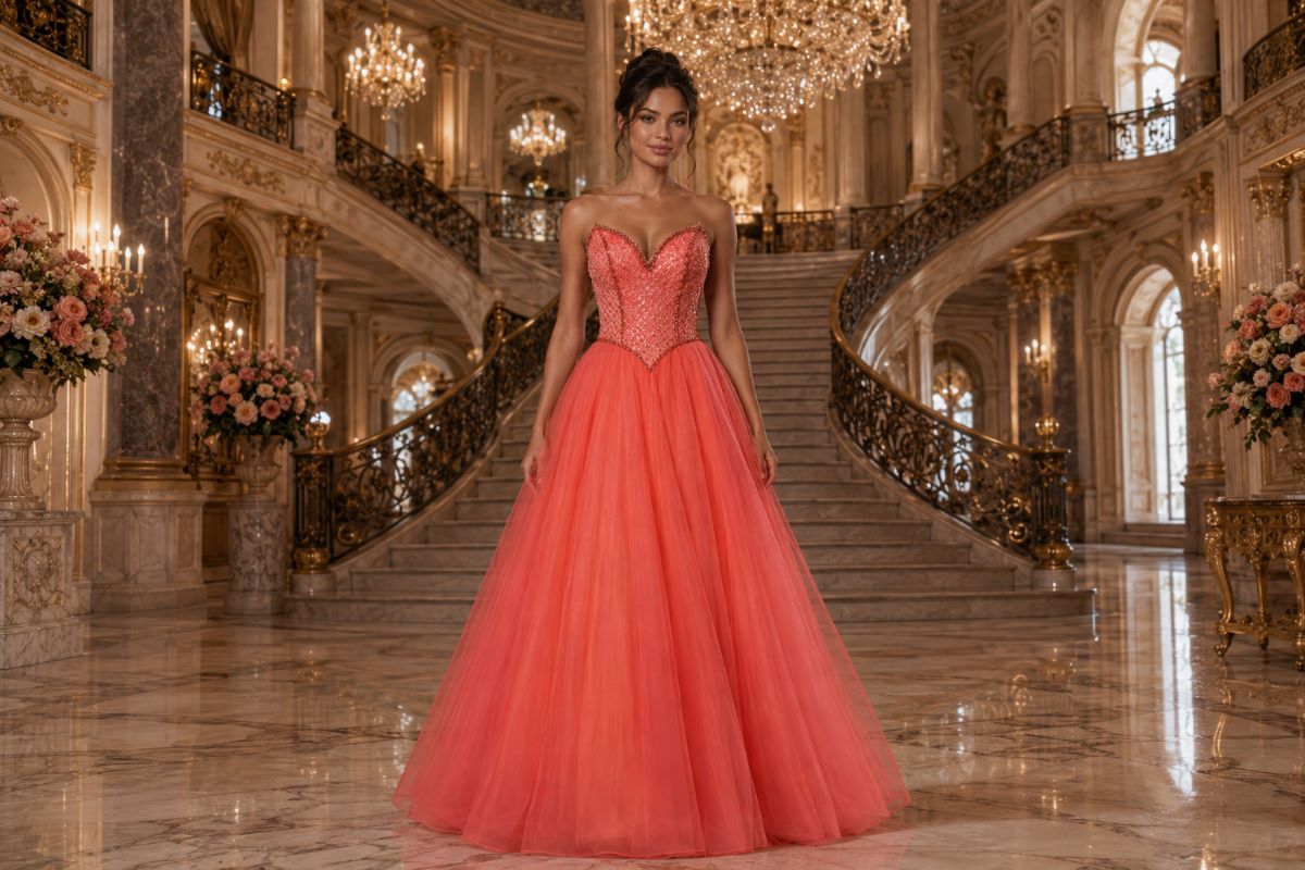 Coral A-line prom dress with beaded corset bodice and tulle skirt