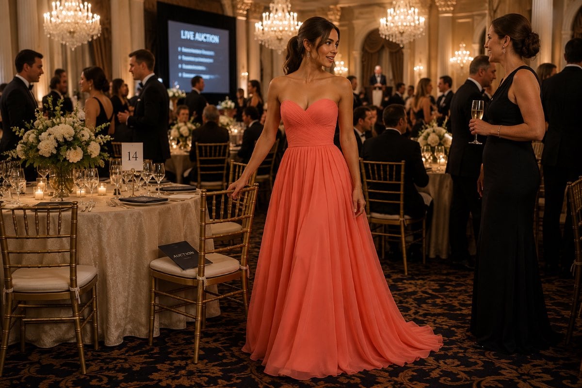 Coral A-line gown at charity auction gala