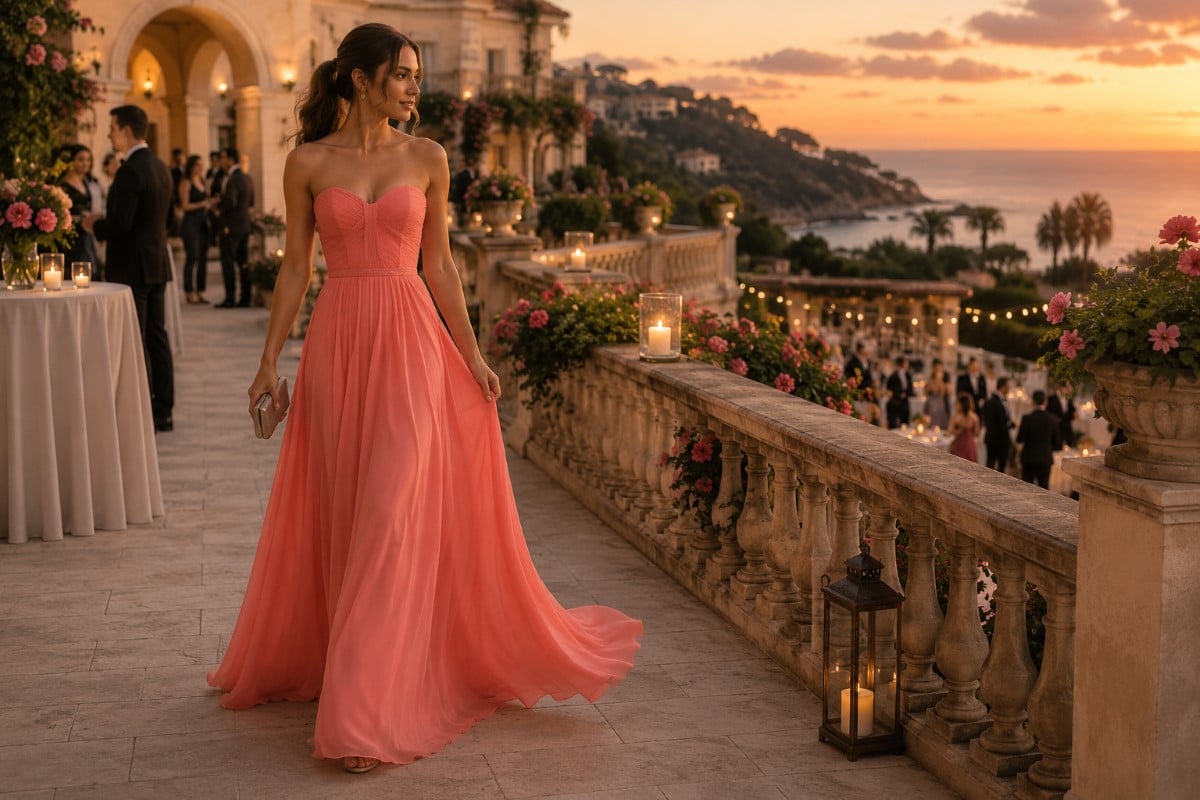 Coral chiffon wedding guest evening gown