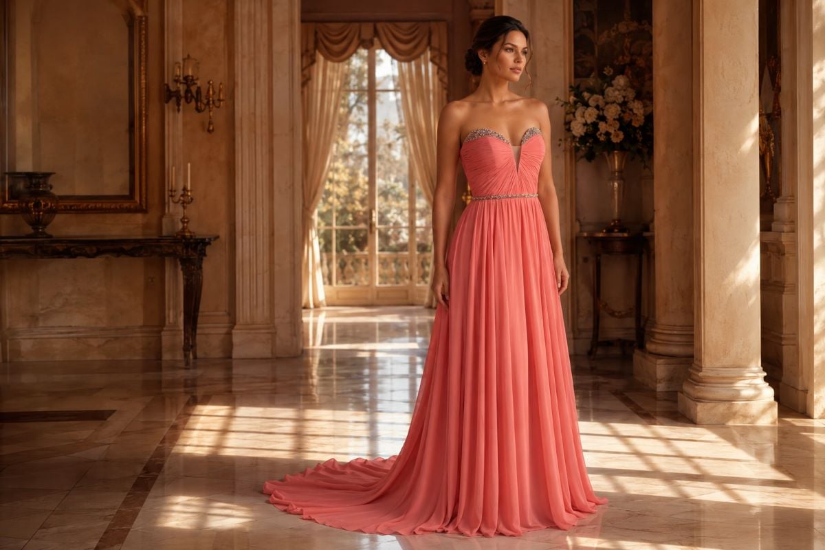 Coral A-line prom dress with pleated bodice and flowing skirt