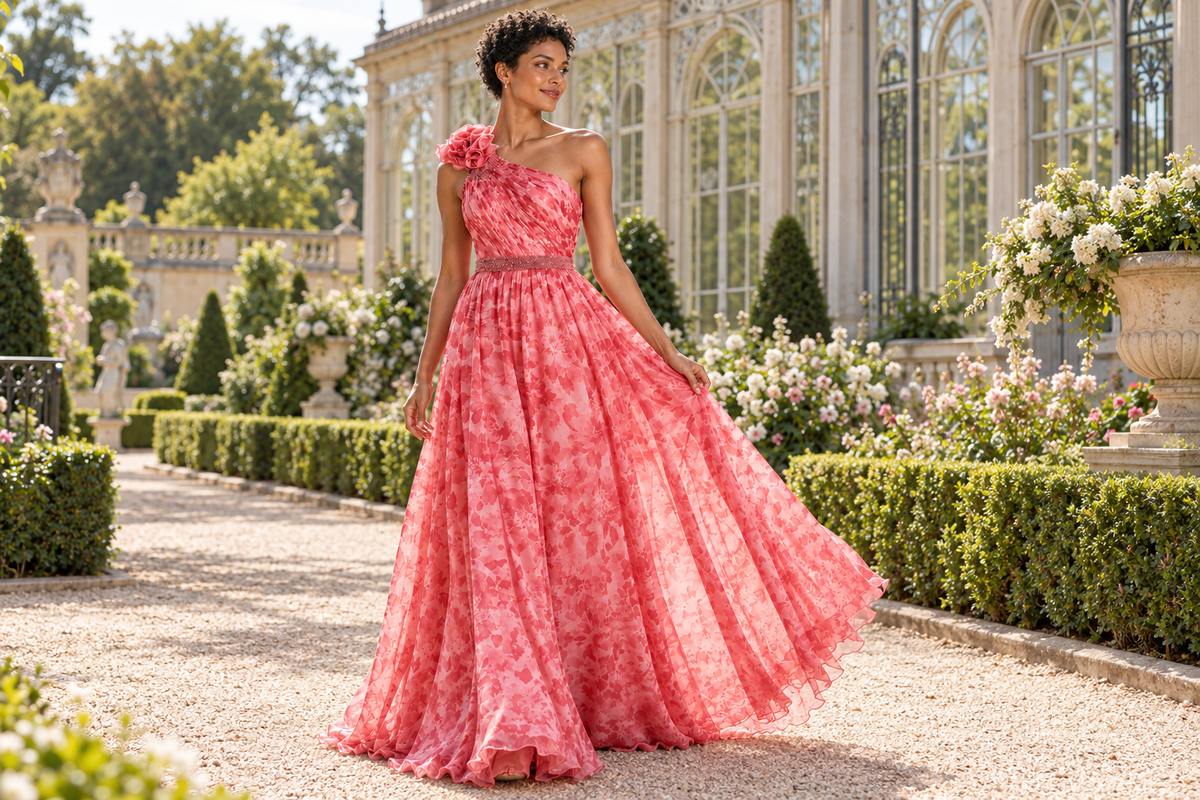 Coral floral garden wedding guest gown