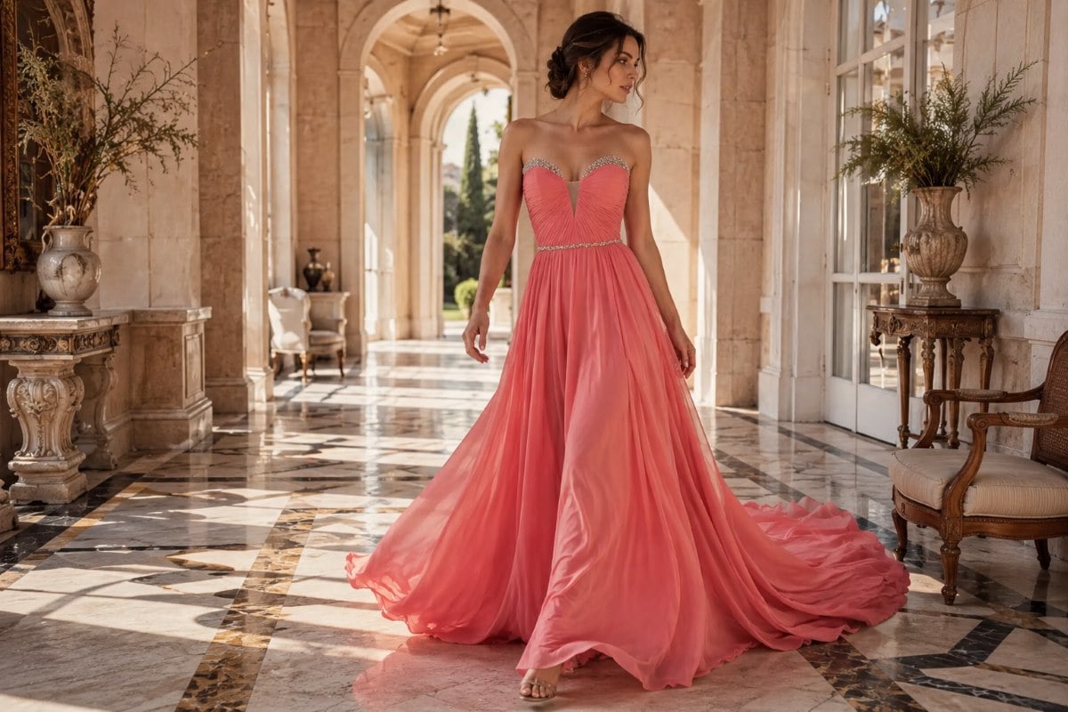 Coral flowy gown in elegant motion