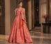 Coral and orange jacquard A-line evening gown with bow detail