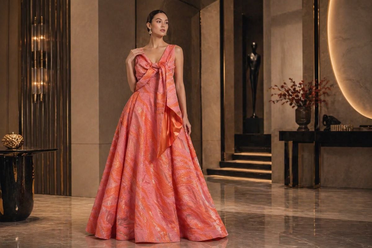 Coral and orange jacquard A-line evening gown with bow detail