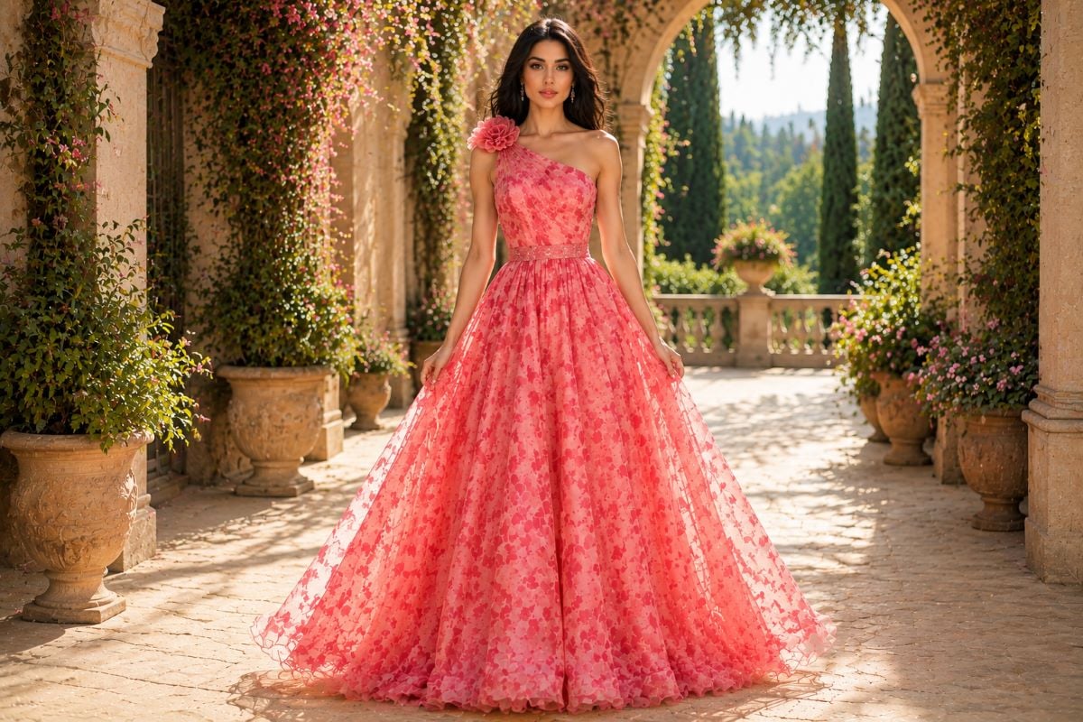 Romantic floral pink gown garden walk